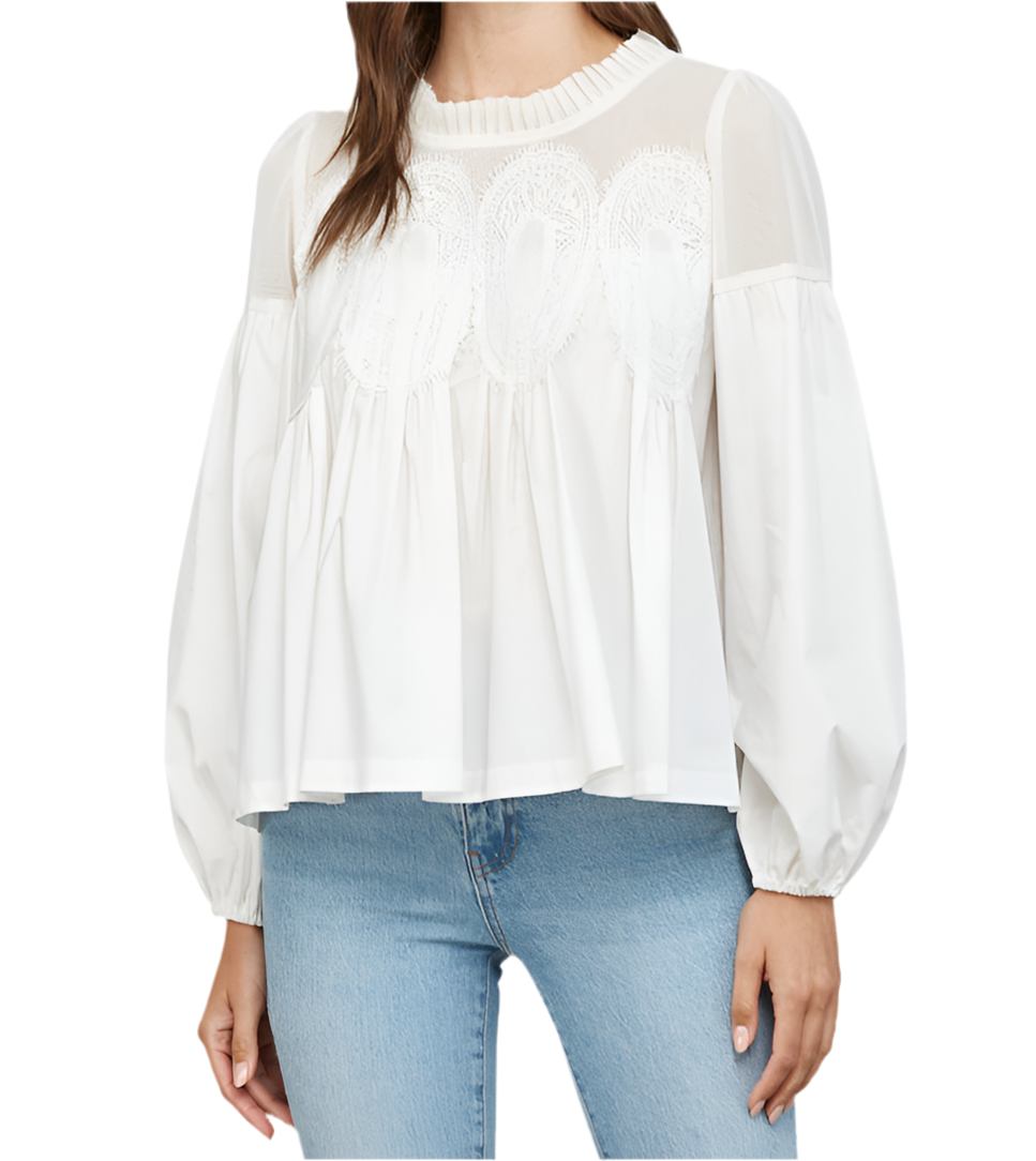 Lace Applique Detail Mixed Media Long Slv Blouse