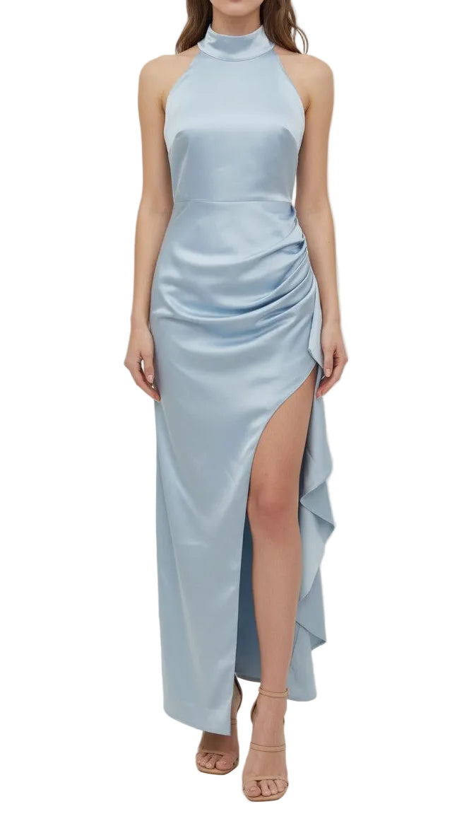 Bethany Ruffle With Slit Detail Halter Neck Maxi Dress