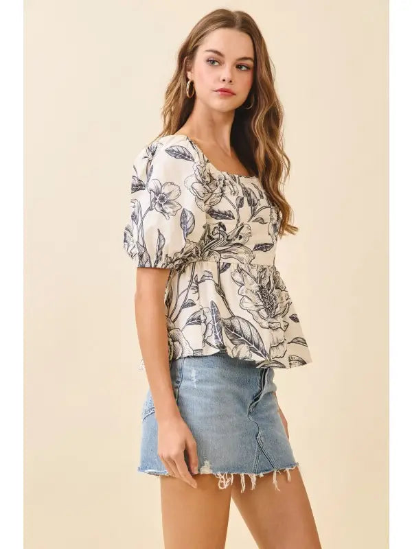 Floral Print Square Neck Ruched Bodice Top