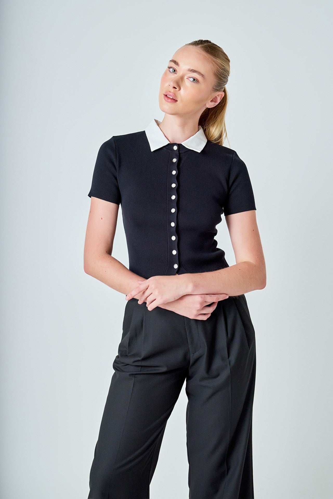 Jewel Buttoned Collared Color Block Top