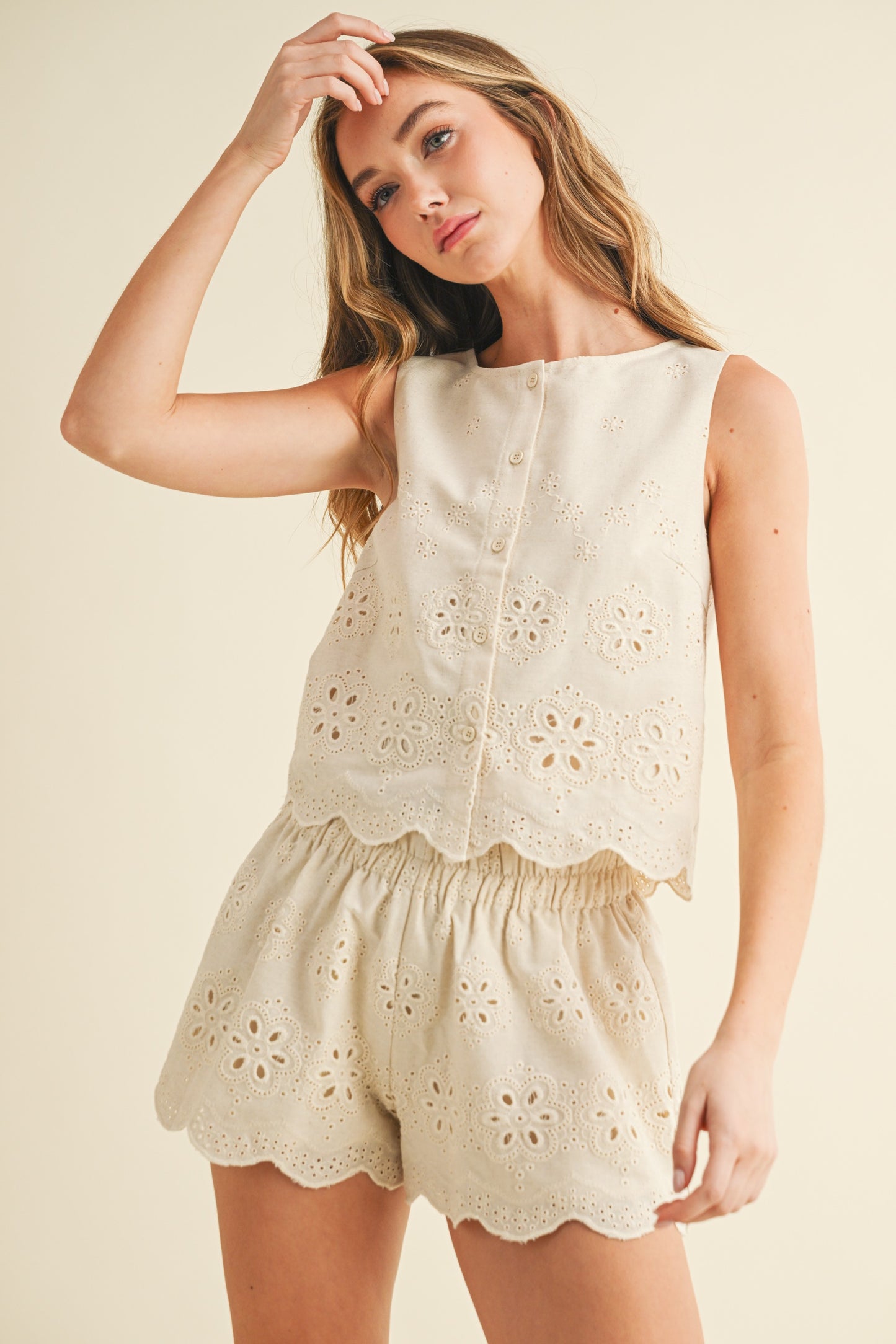 Floral Eyelet Embroidery Scalloped Hem Crop Top