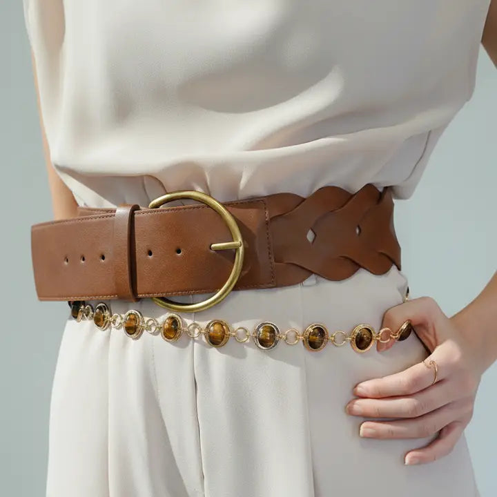 Chevron Patterned Woven Tail Wide Belt