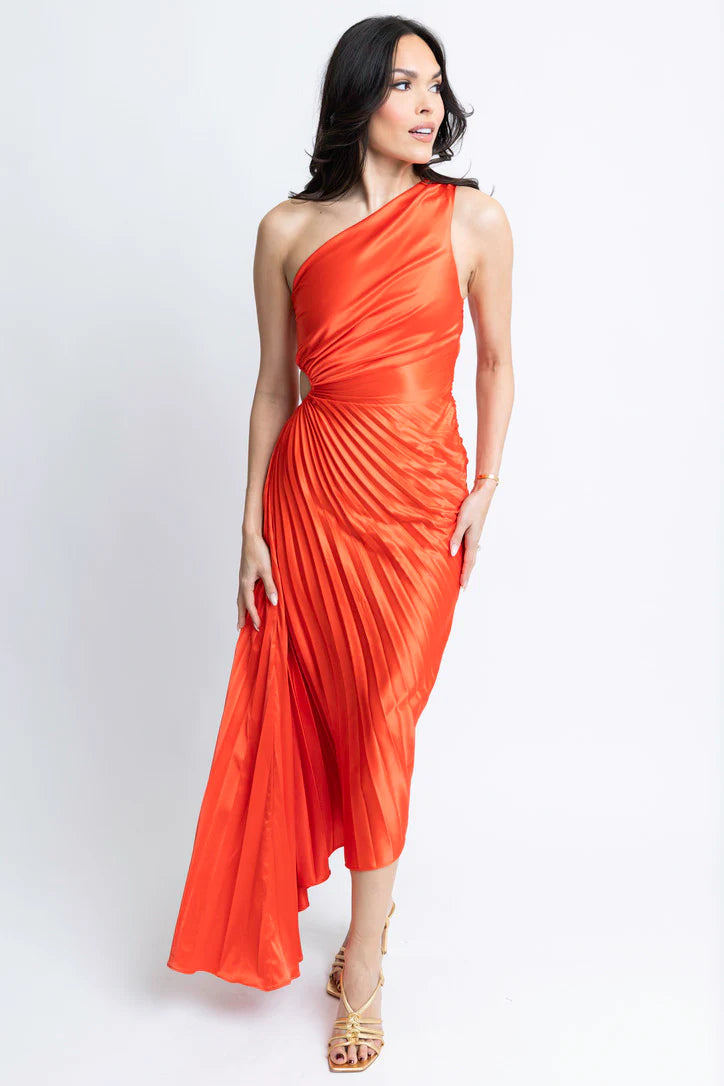 SOLID SATIN ONE SHOULDER PLEATED MAXI DRESS