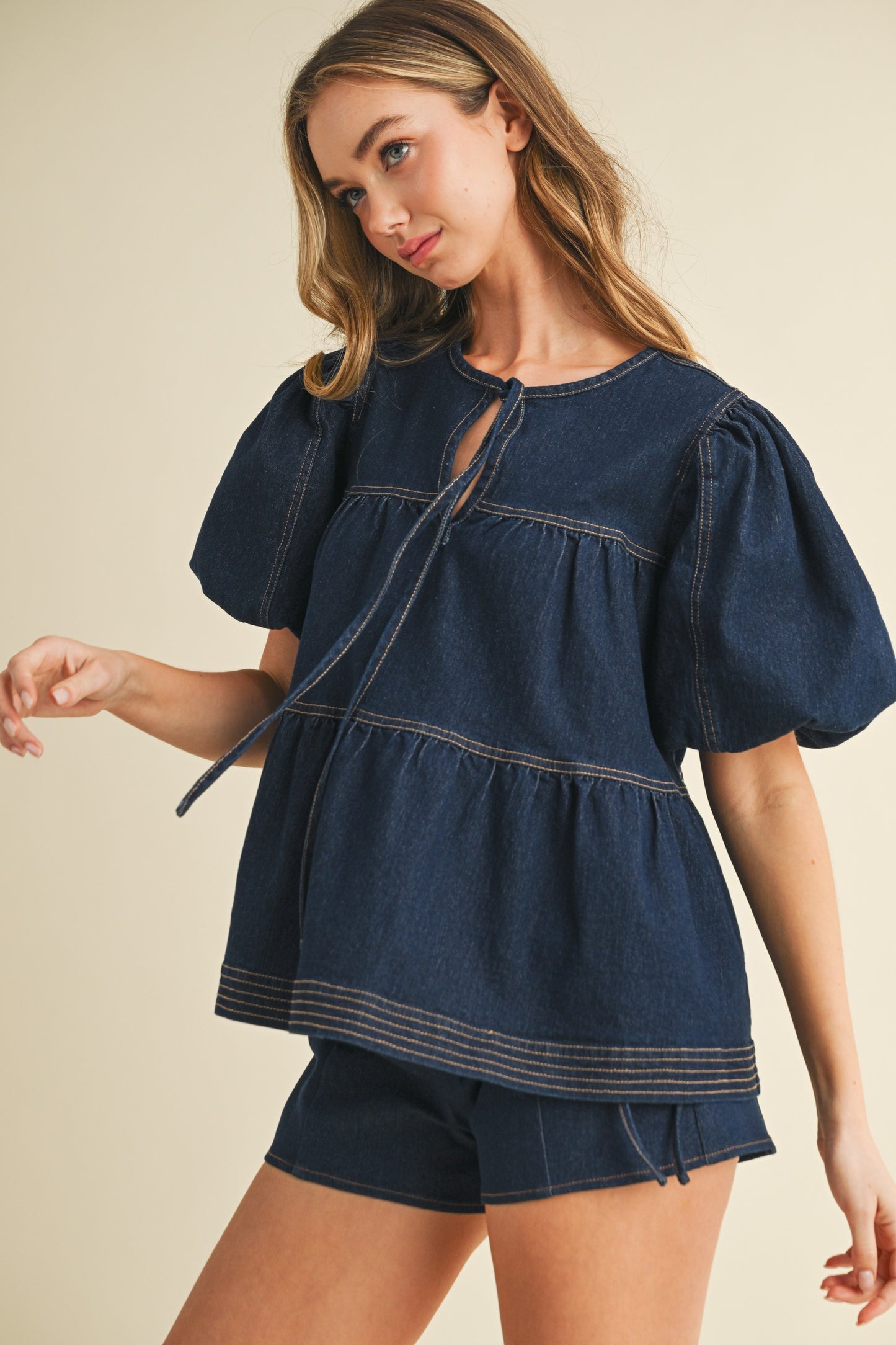 Contrast Stitching Detail Tiered Denim Top