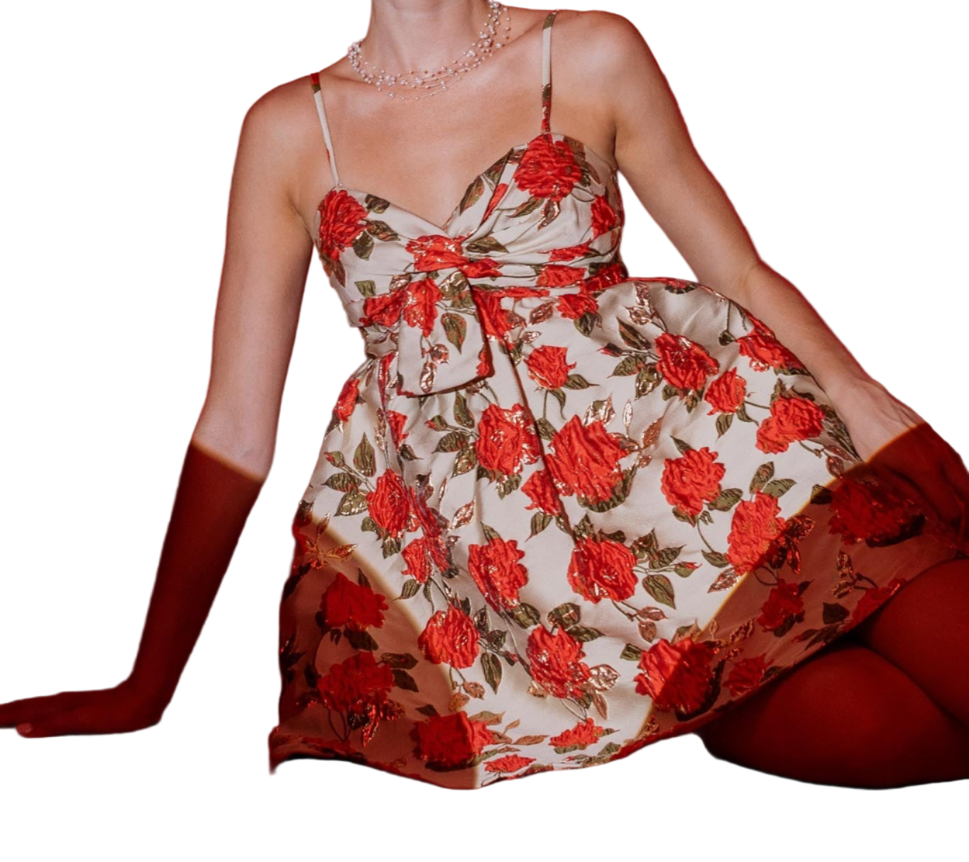 floral jacquard mini dress Floral Jacquard Front Bow Detail Mini Dress S / TAUPE/RED/GOLD
