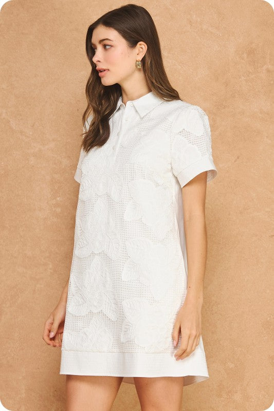 Alber Floral Crochet Collared Shirt Mini Dress