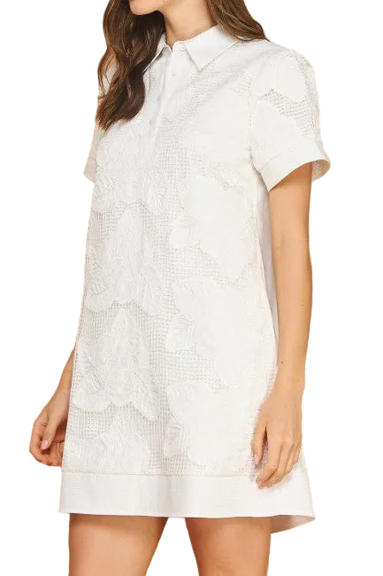 Alber Floral Crochet Collared Shirt Mini Dress
