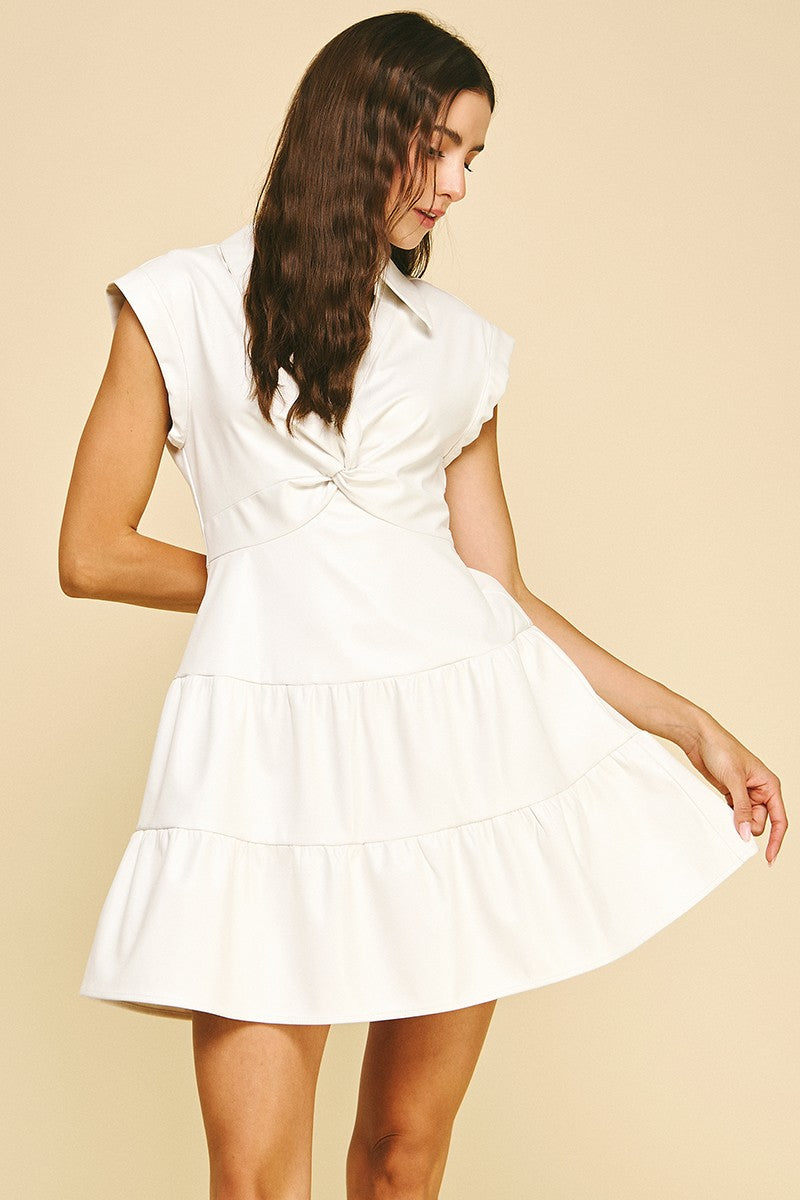 Pu Leather Twist Detail Tiered Mini Dress