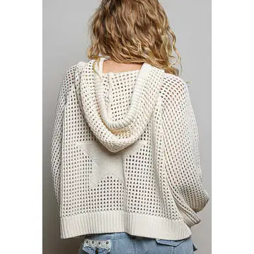 Star Lace Patch Raglan Hoodie Chenille Sweater Top