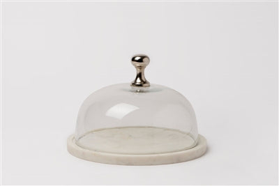 SM. MARBLE & GLASS FOOD DOME W/KNOB 9"- ST - WHITE