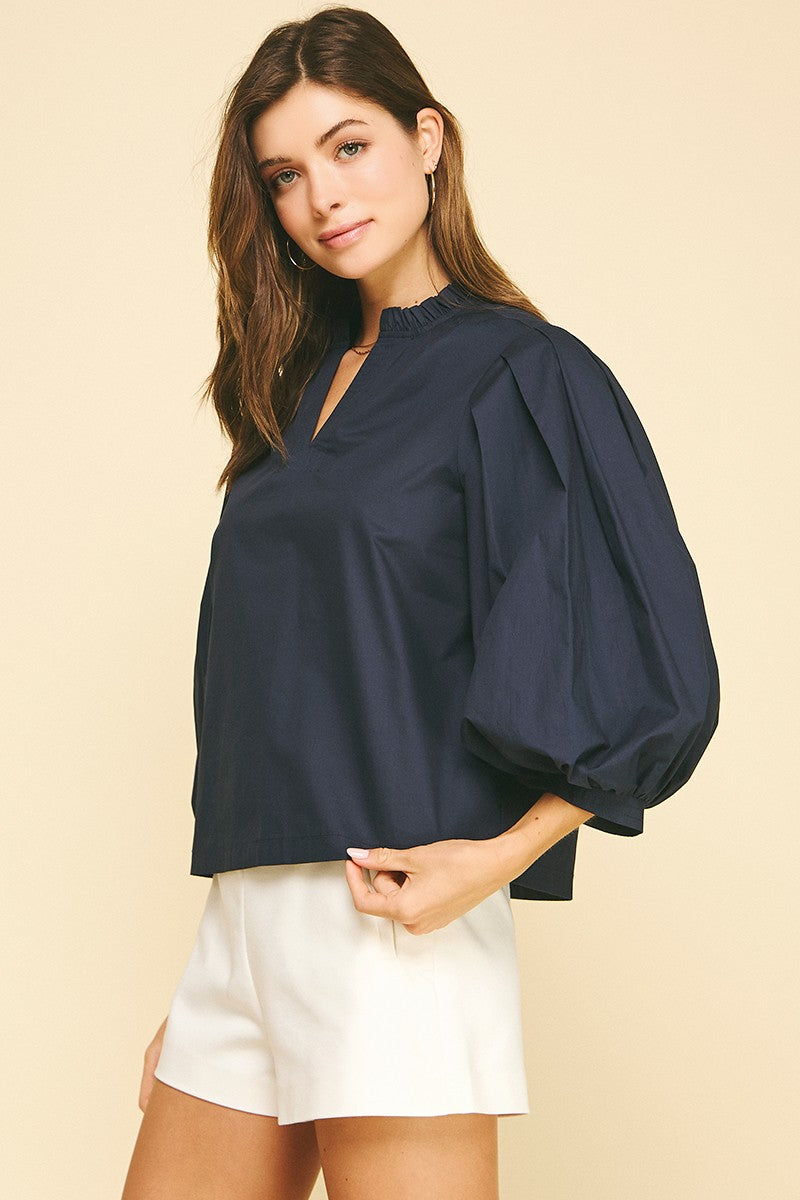Jane Ruffled Mock Neck Poplin Bloue Top
