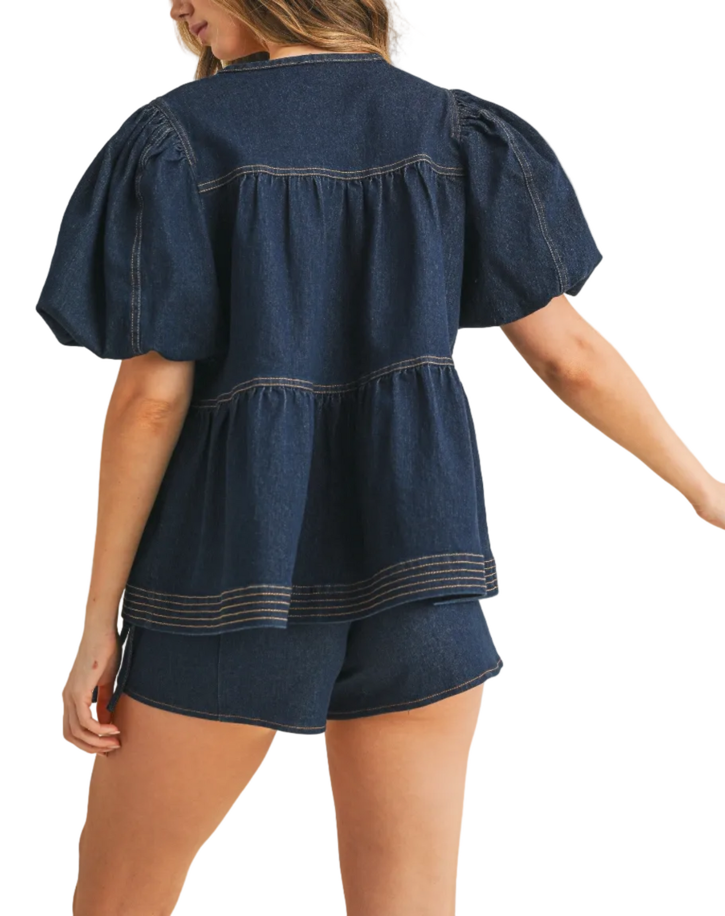 Contrast Stitching Detail Tiered Denim Top