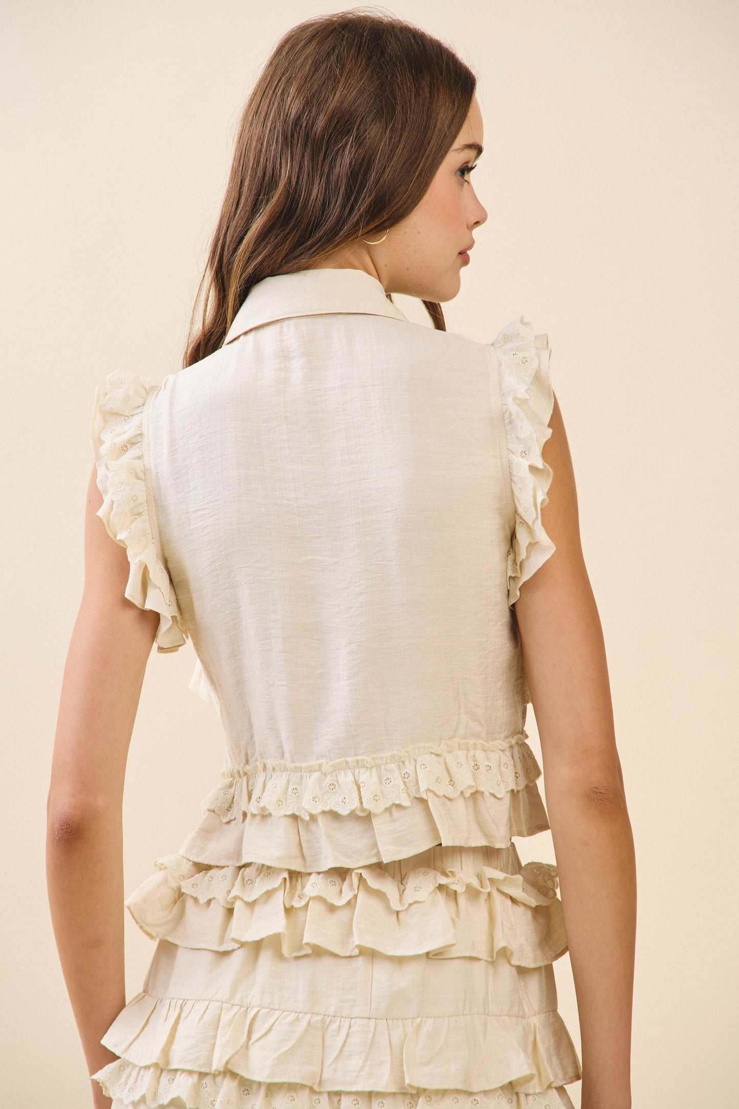 Layered Ruffle Eyelet Trim Detail Crop Top