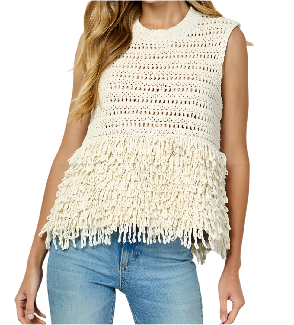 Twisted Fringe Detail Sleeveless Sweater Top