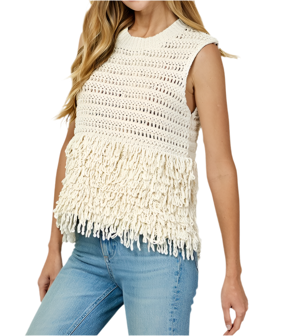 Twisted Fringe Detail Sleeveless Sweater Top