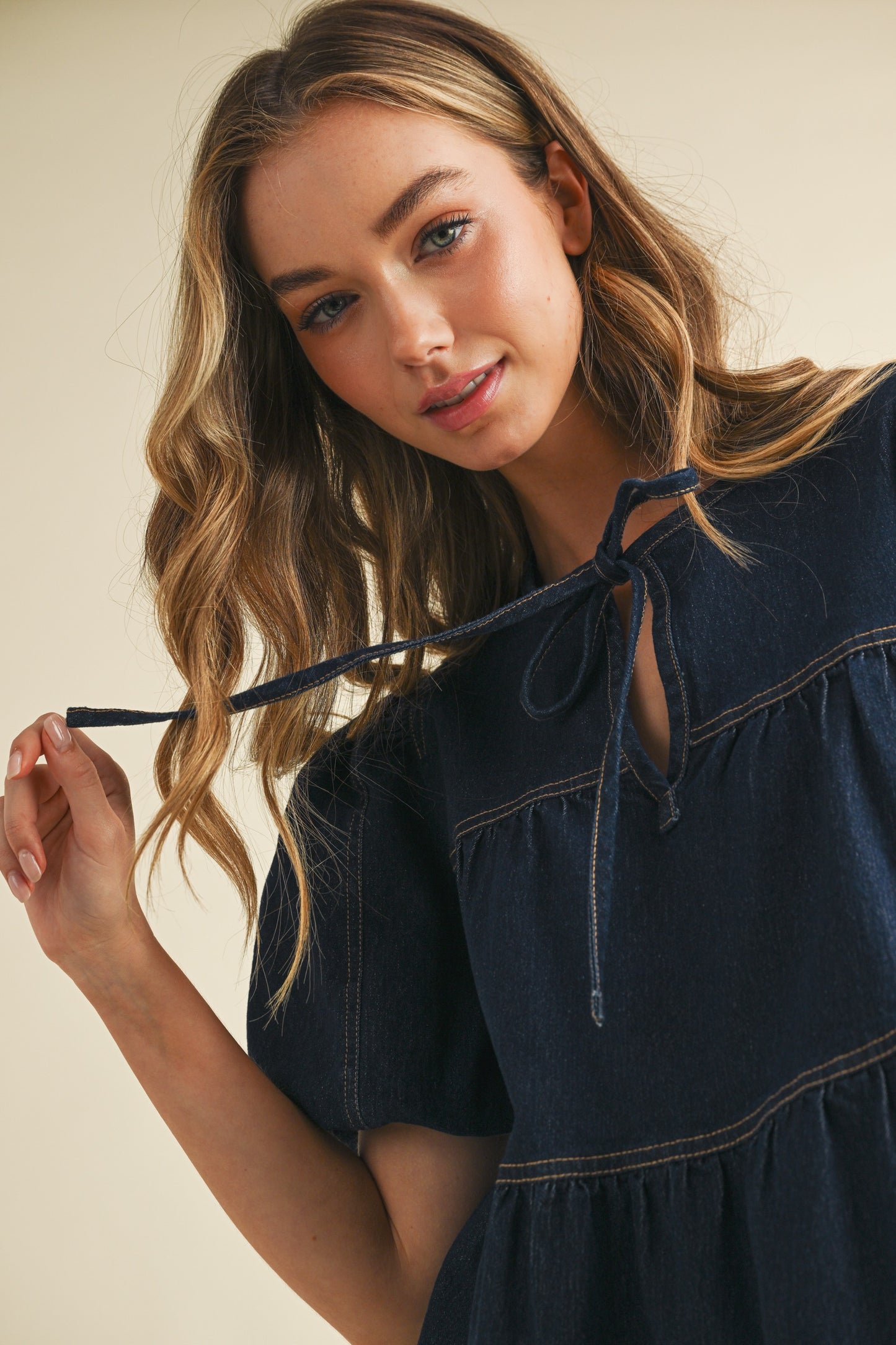 Contrast Stitching Detail Tiered Denim Top
