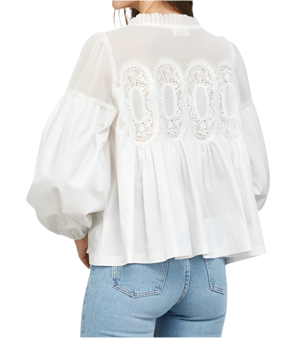 Lace Applique Detail Mixed Media Long Slv Blouse