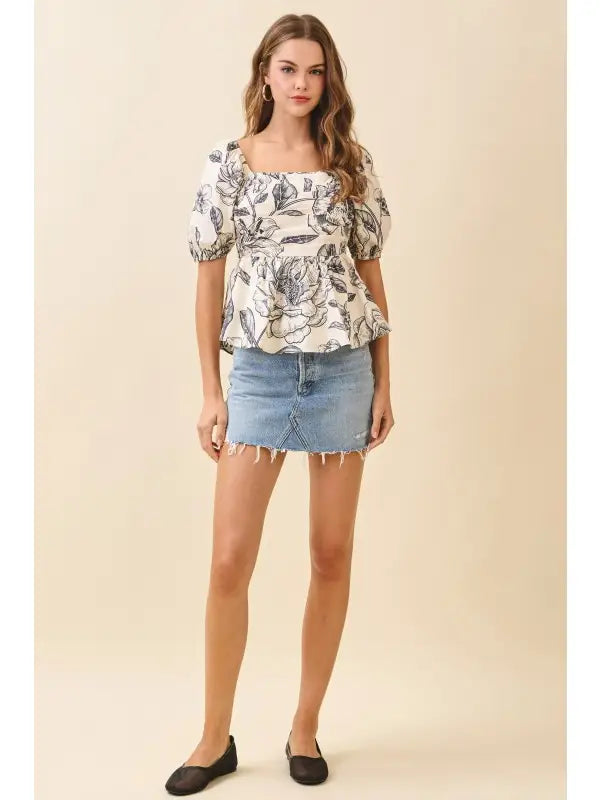 Floral Print Square Neck Ruched Bodice Top