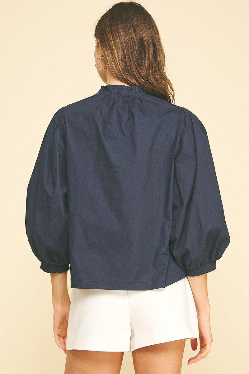 Jane Ruffled Mock Neck Poplin Bloue Top