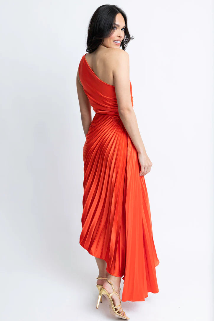 SOLID SATIN ONE SHOULDER PLEATED MAXI DRESS