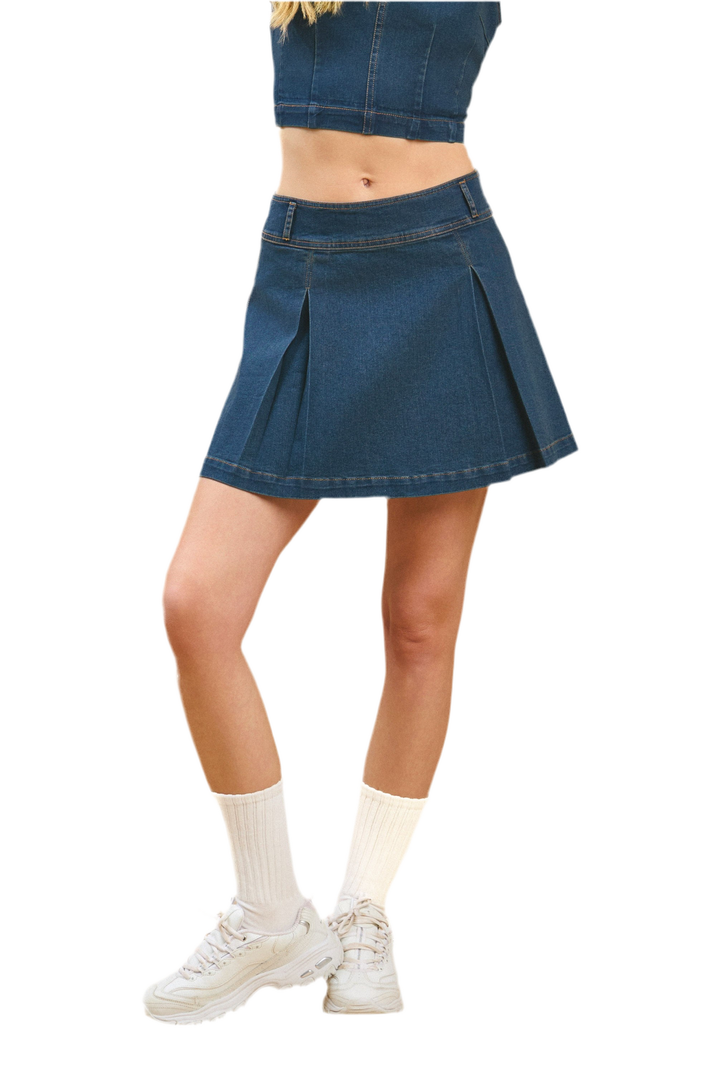 Nicole Stretch Denim Box Pleated Detail Skirt