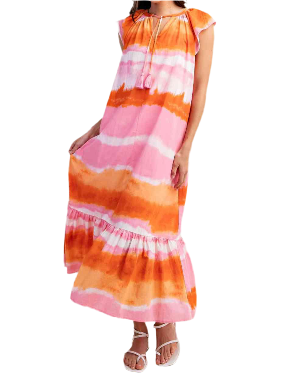 TIE-DYE RUFFLE SHOULDER DRESS