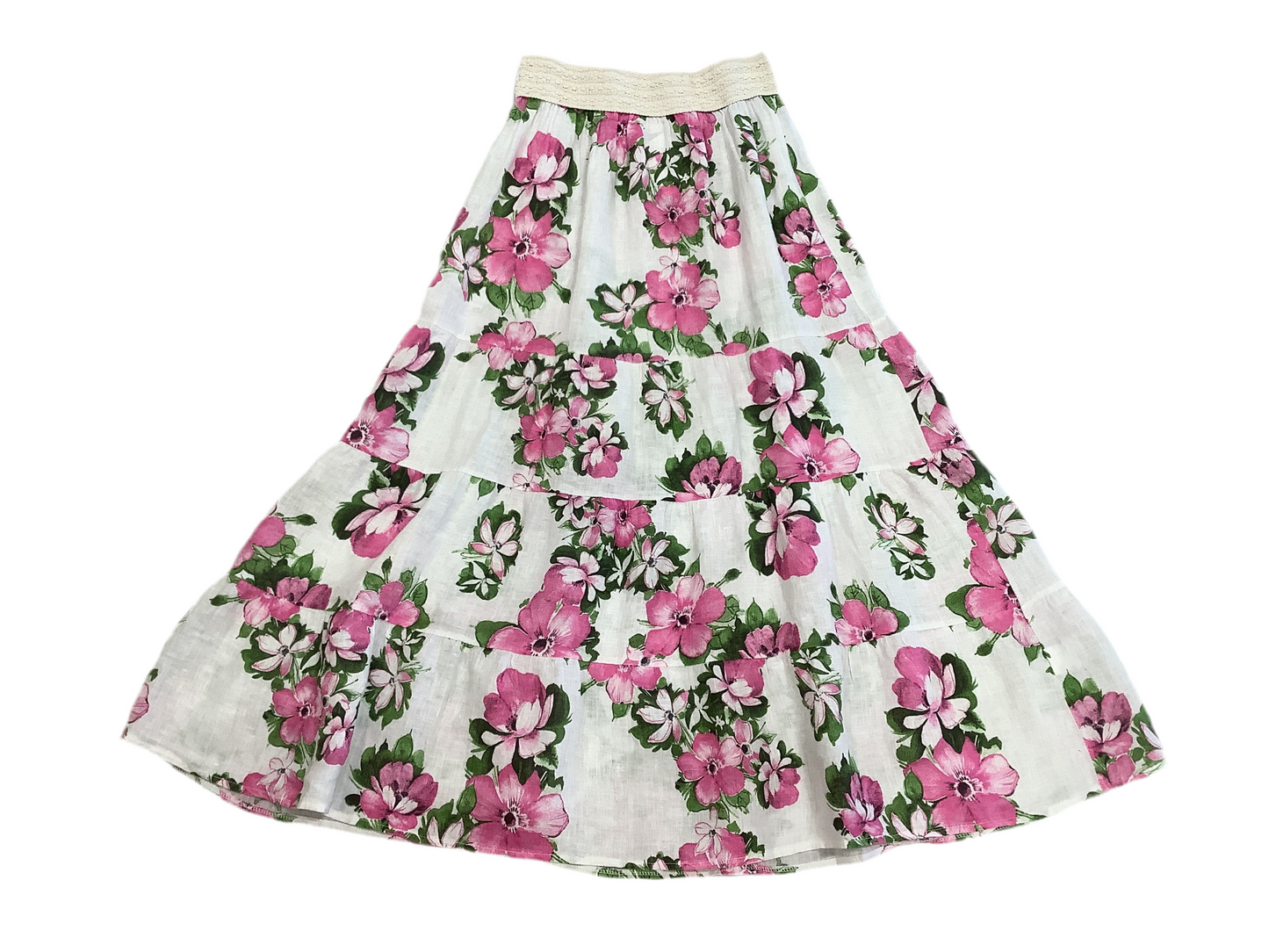 HIBISCUS ROSE PRINT TIERED LINEN MAXI SKIRT
