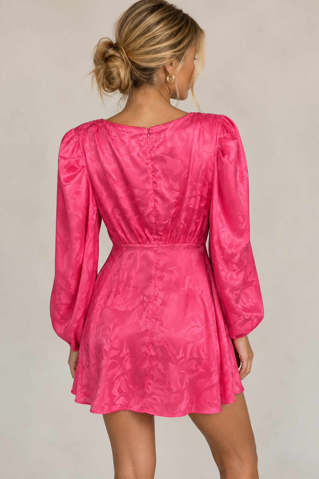 Ruched Puff Sleeve Satin Jacquard Mini Dress