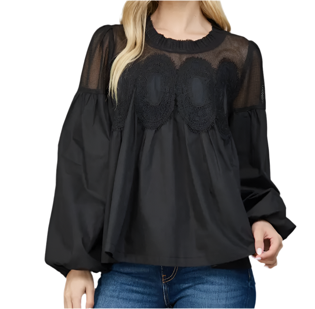 Lace Applique Detail Mixed Media Long Slv Blouse