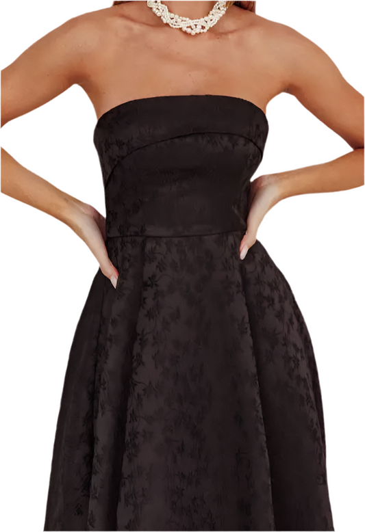 JACQUARD FLORAL PRINT FLOWY SKIRT MIDI DRESS OPEN BACK