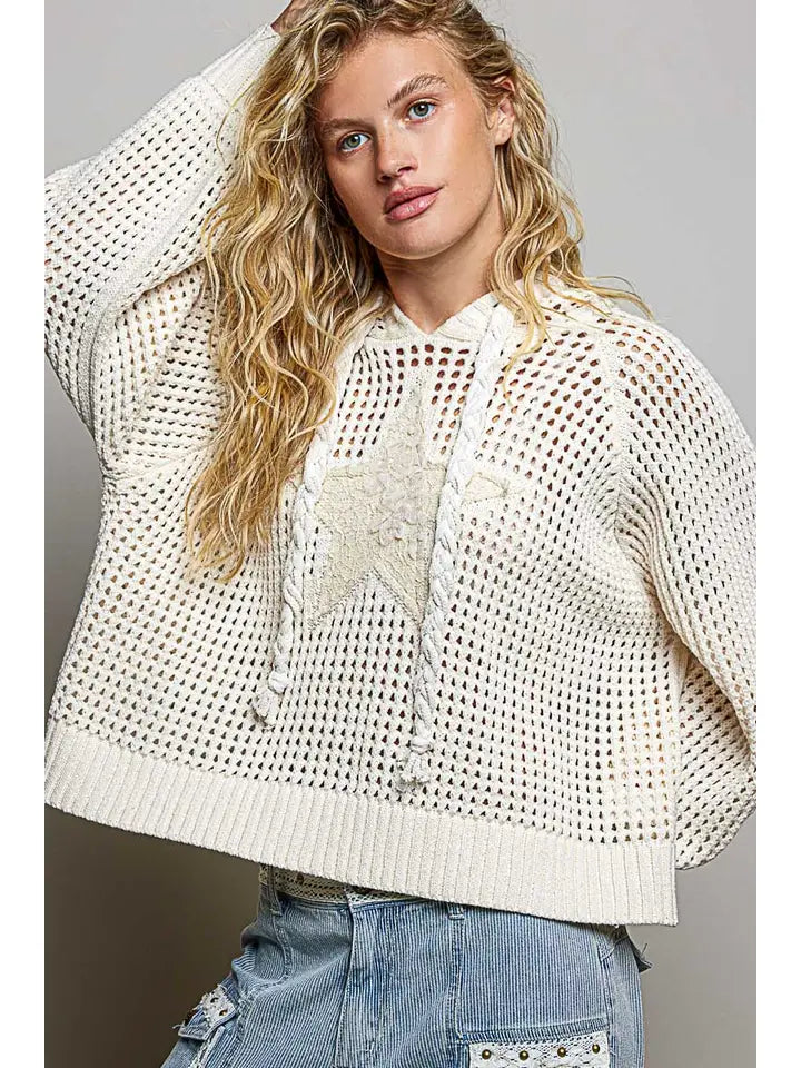 Star Lace Patch Raglan Hoodie Chenille Sweater Top