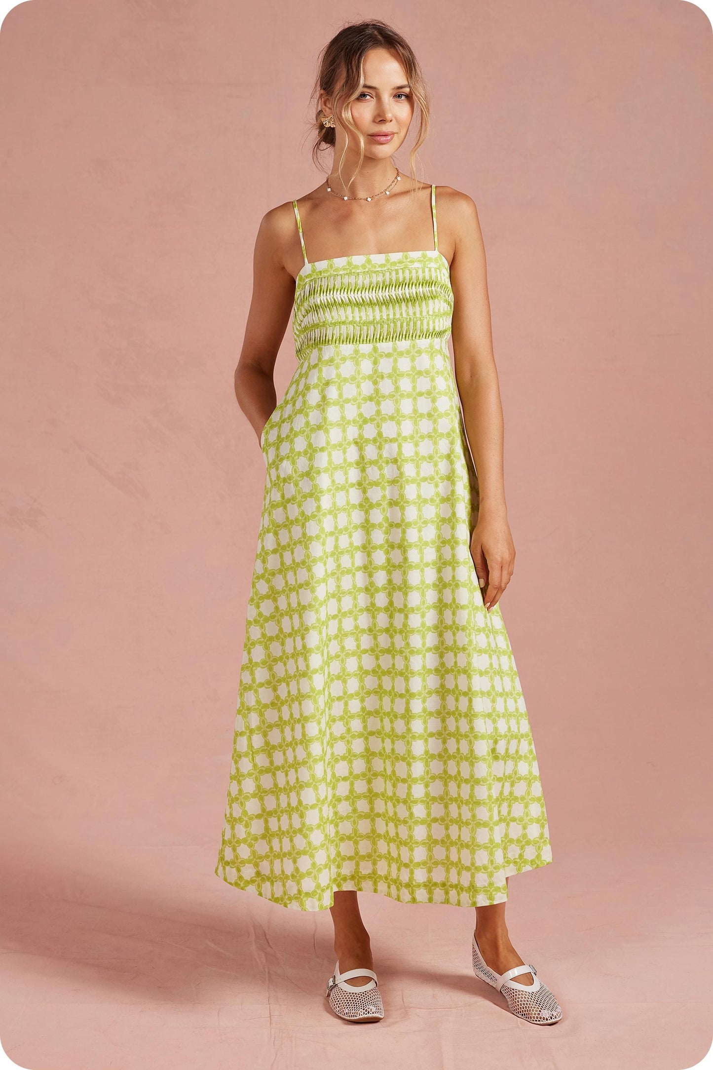 Chainlink Pintucked Sleeveless Midi Dress