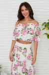 HIBISCUS ROSE PRINT CROP OFF SHOULDER LINEN TOP