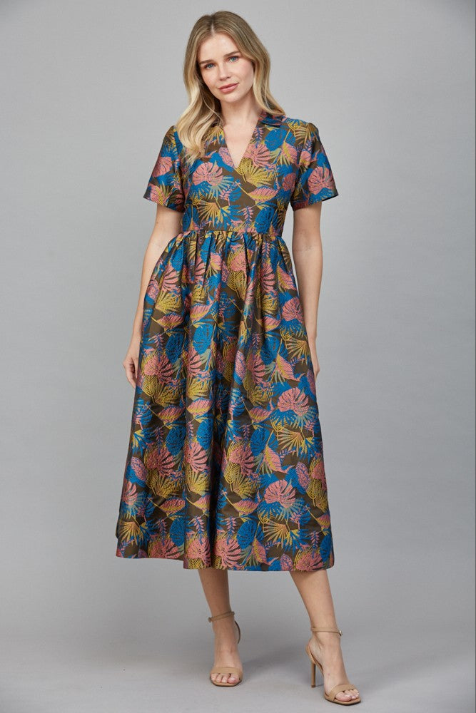 June V-neckline Jacquard Fabric Midi Dress