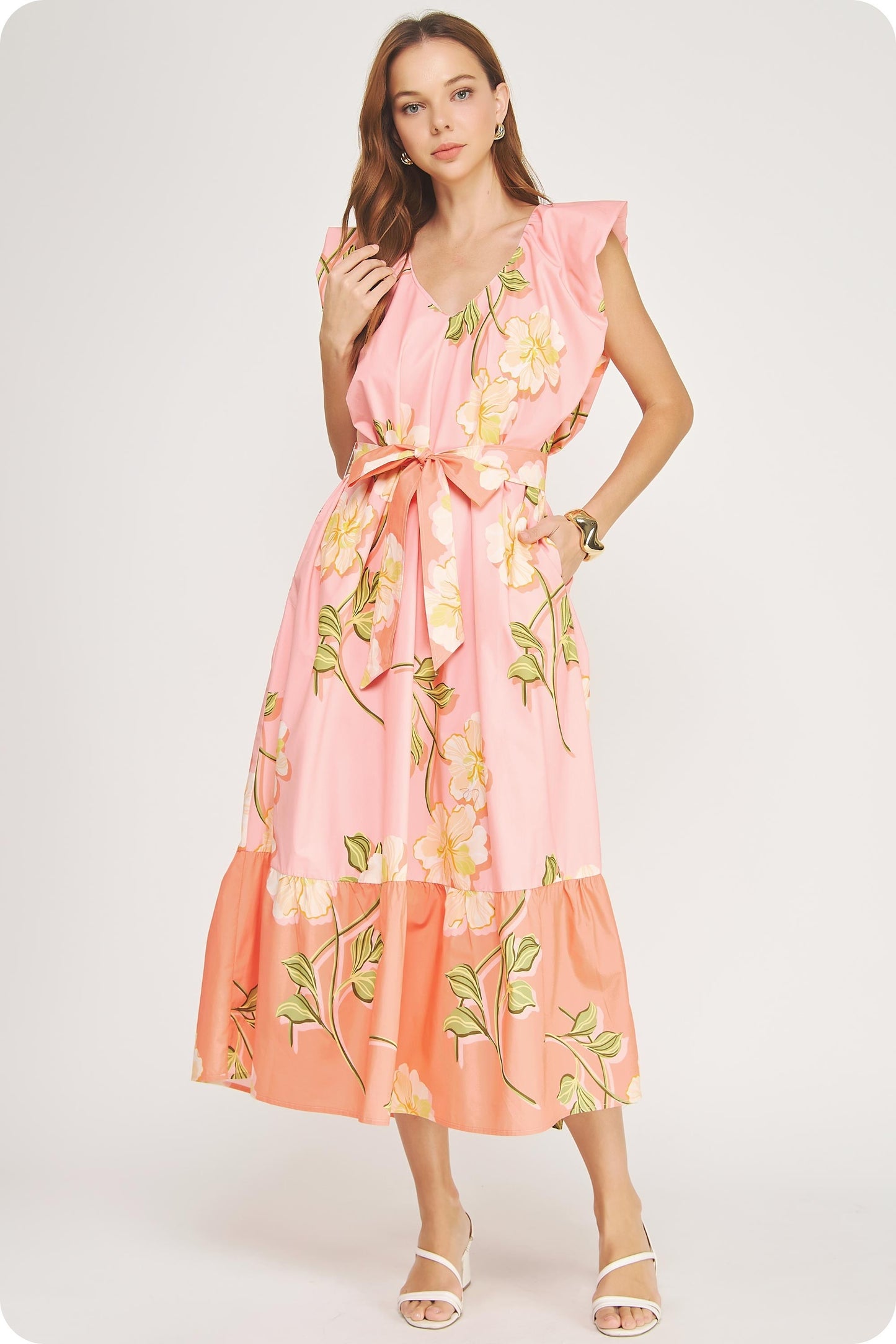 Tropical Hibiscus Ruffle Tiered Midi Dress