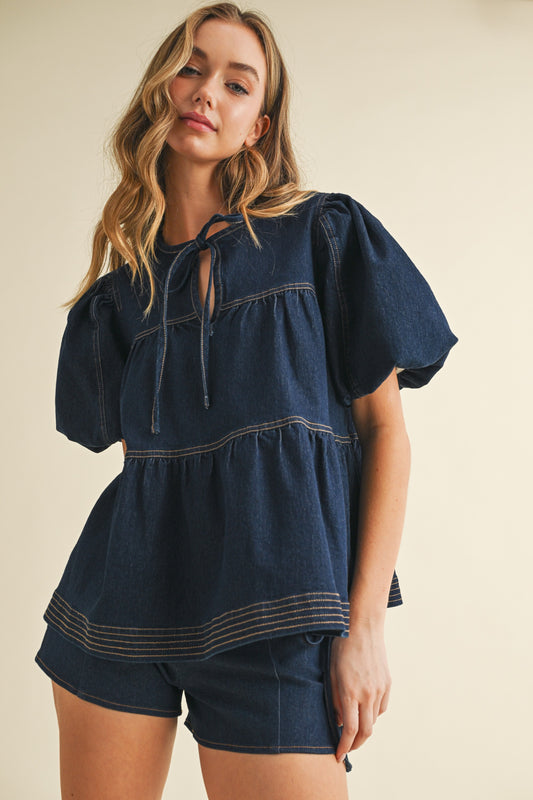 Contrast Stitching Detail Tiered Denim Top