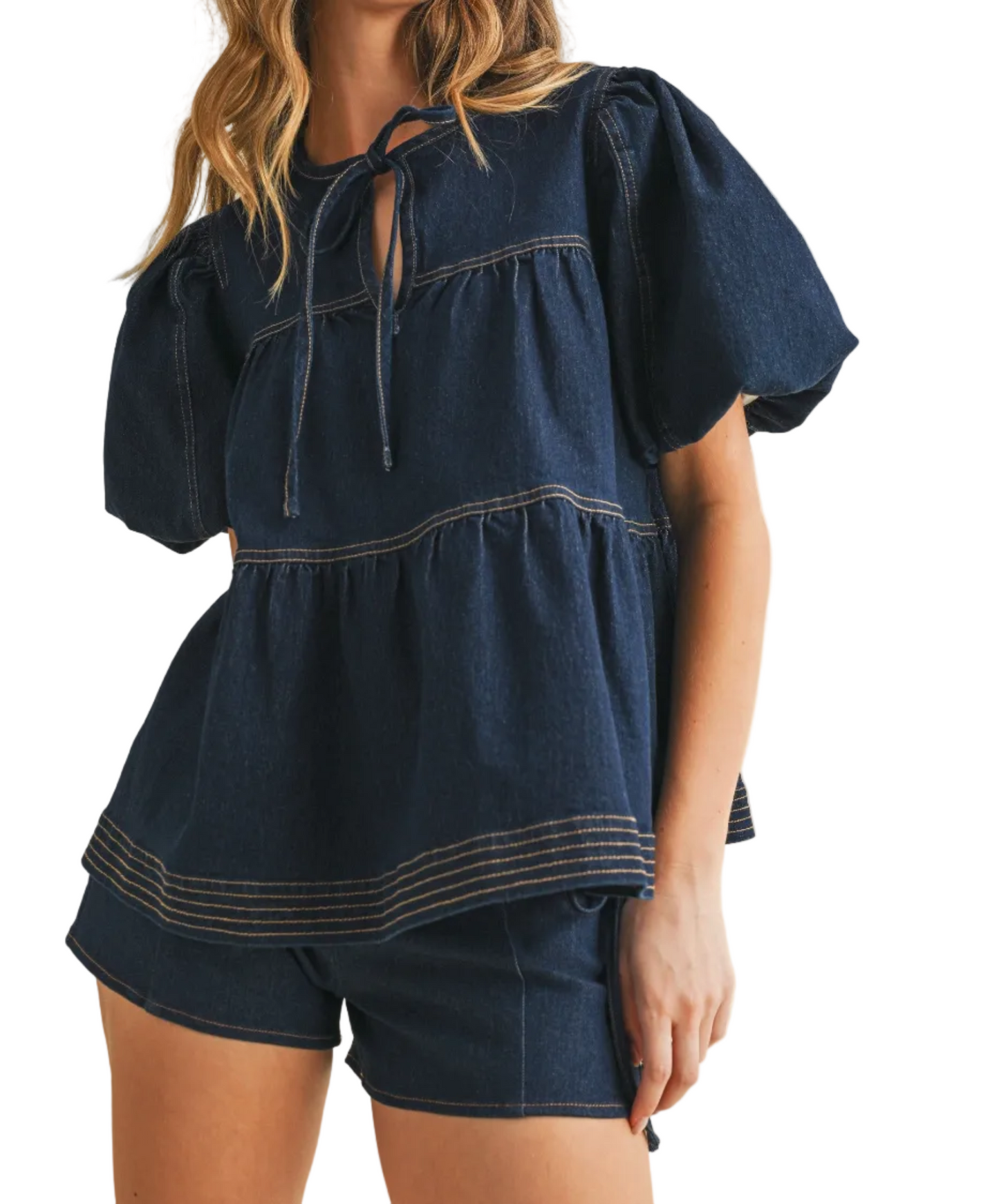 Contrast Stitching Detail Tiered Denim Top