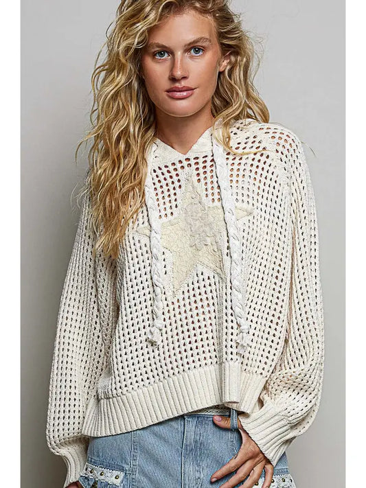 Star Lace Patch Raglan Hoodie Chenille Sweater Top