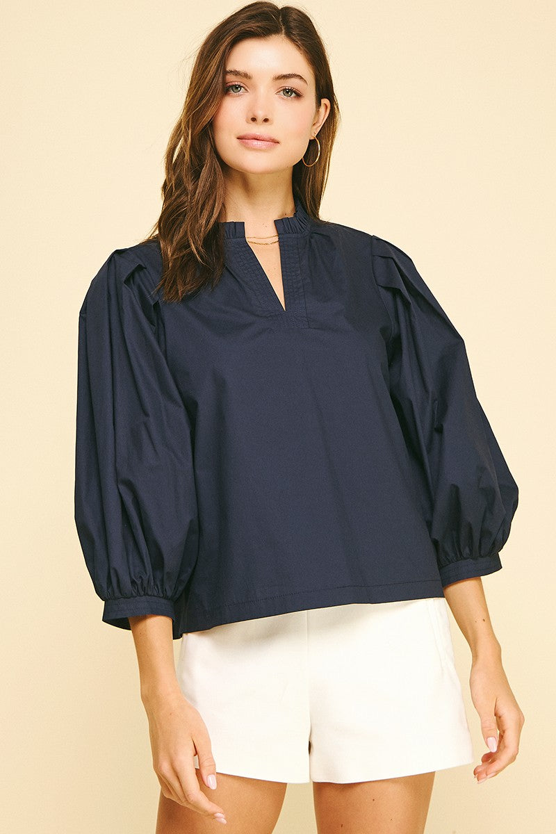 Jane Ruffled Mock Neck Poplin Bloue Top