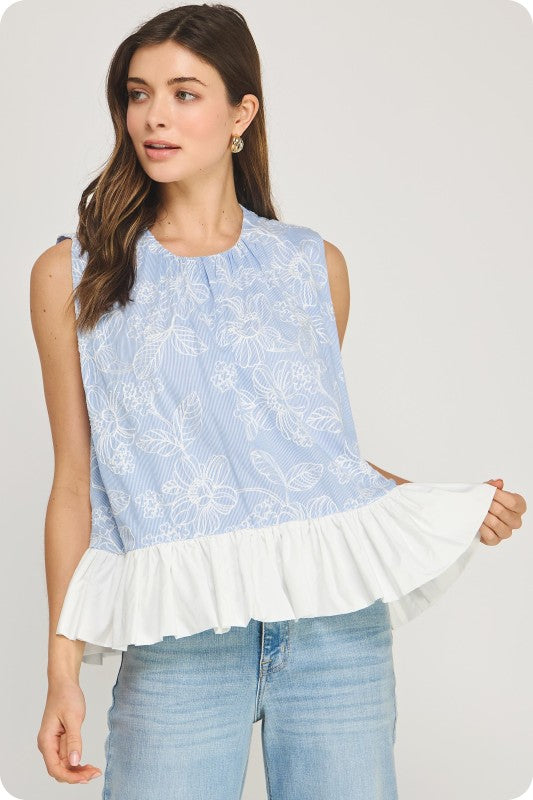 April Floral Embroidery Stripe Contrast Ruffle Hem Top