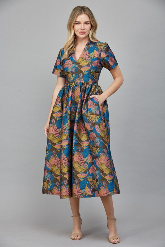 June V-neckline Jacquard Fabric Midi Dress