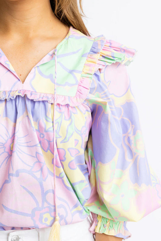 Pastel Large Floral Poplin Ruffle Top