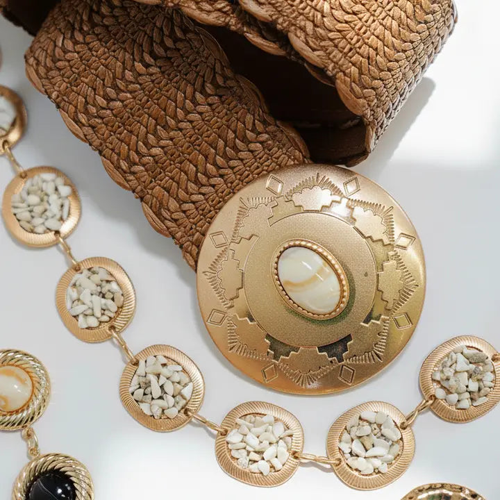 Textured Raffia Belt with Engraved Pearl Buckle