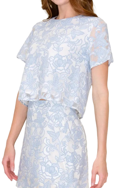 PRETTY IN BLUE Floral Embroidered Short Sleeve Top