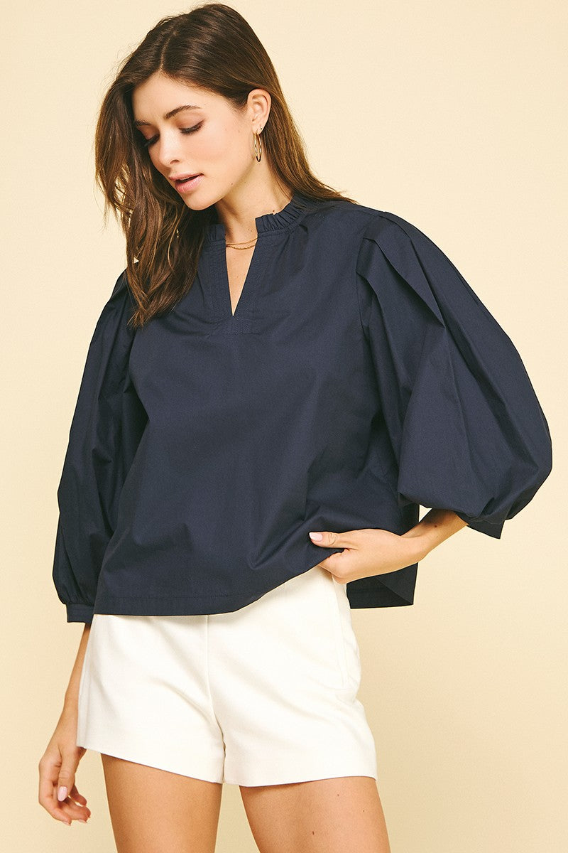 Jane Ruffled Mock Neck Poplin Bloue Top