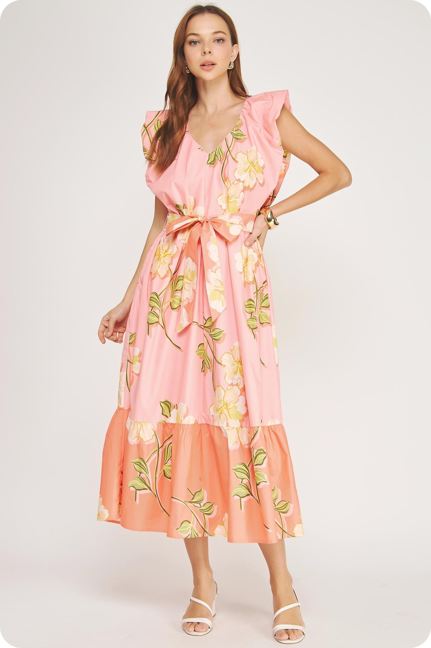 Tropical Hibiscus Ruffle Tiered Midi Dress