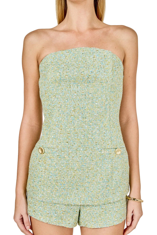 Alexi Tweed Gold Buttoned Strapless Long Top