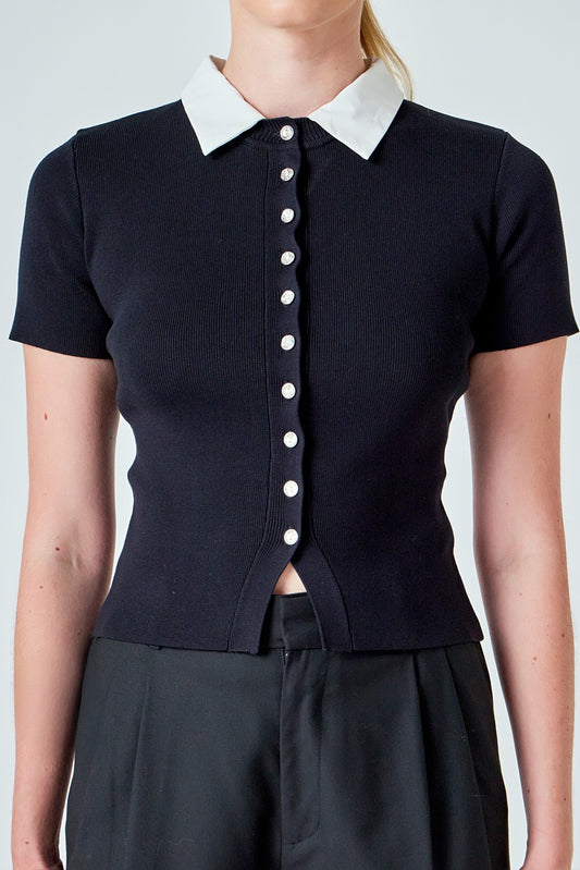 Jewel Buttoned Collared Color Block Top