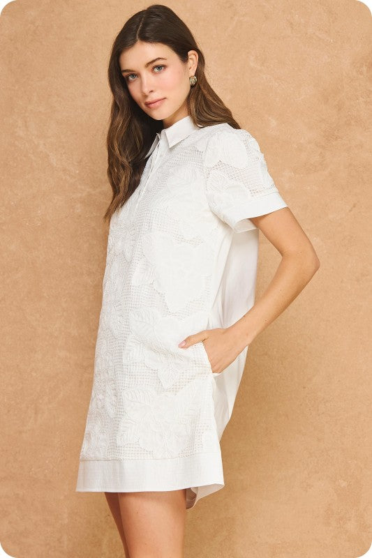 Alber Floral Crochet Collared Shirt Mini Dress