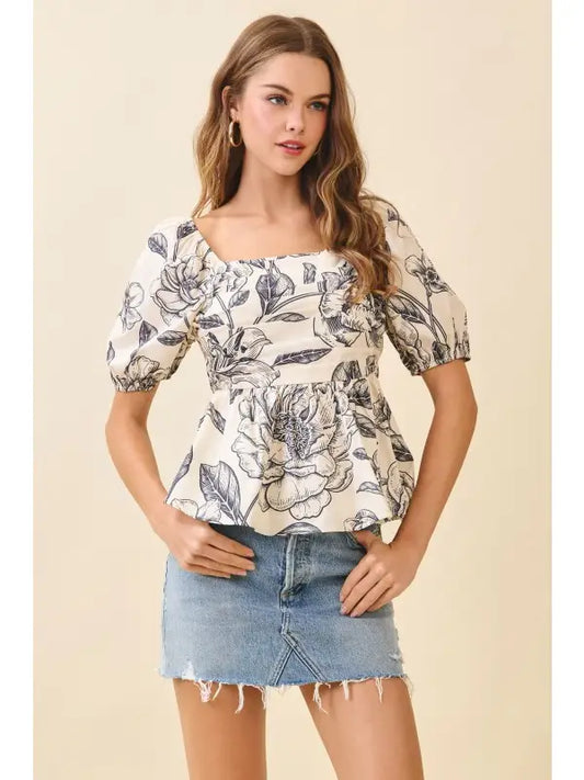 Floral Print Square Neck Ruched Bodice Top